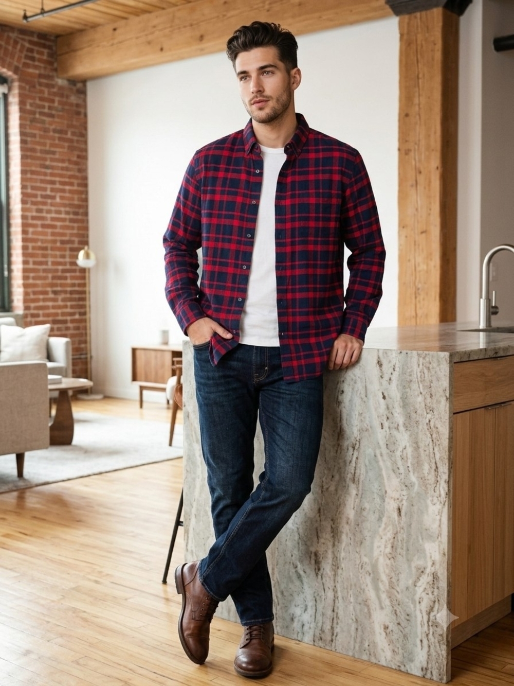 Amazon Essentials Red and Navy Plaid Button-Down Shirt